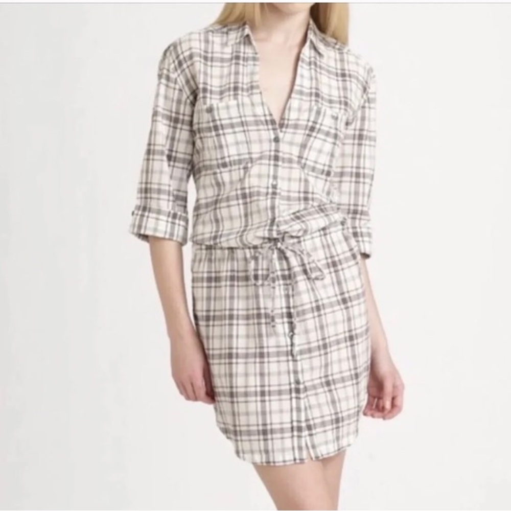James Perse Cotton Linen Plaid Shirt Dress Drawstring‎ Waist Size Small (0)